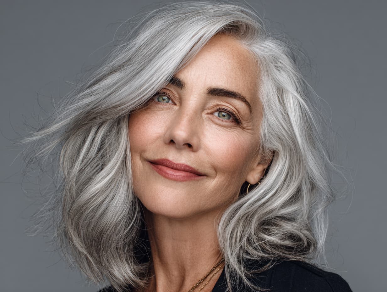 Collarbone Silver Grey Lob With Face-Framing Layers Collarbone Silver Grey Lob With Face-Framing Layers — Classy Volumizing Hair