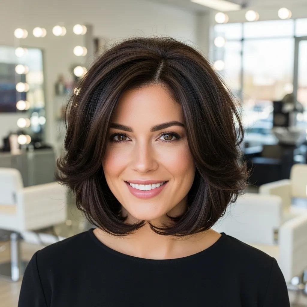 Collarbone Dark Brown Lob With Side-Swept Bangs, Wavy Collarbone Dark Brown Lob With Side-Swept Bangs, Wavy — Classy Volumizing Hair