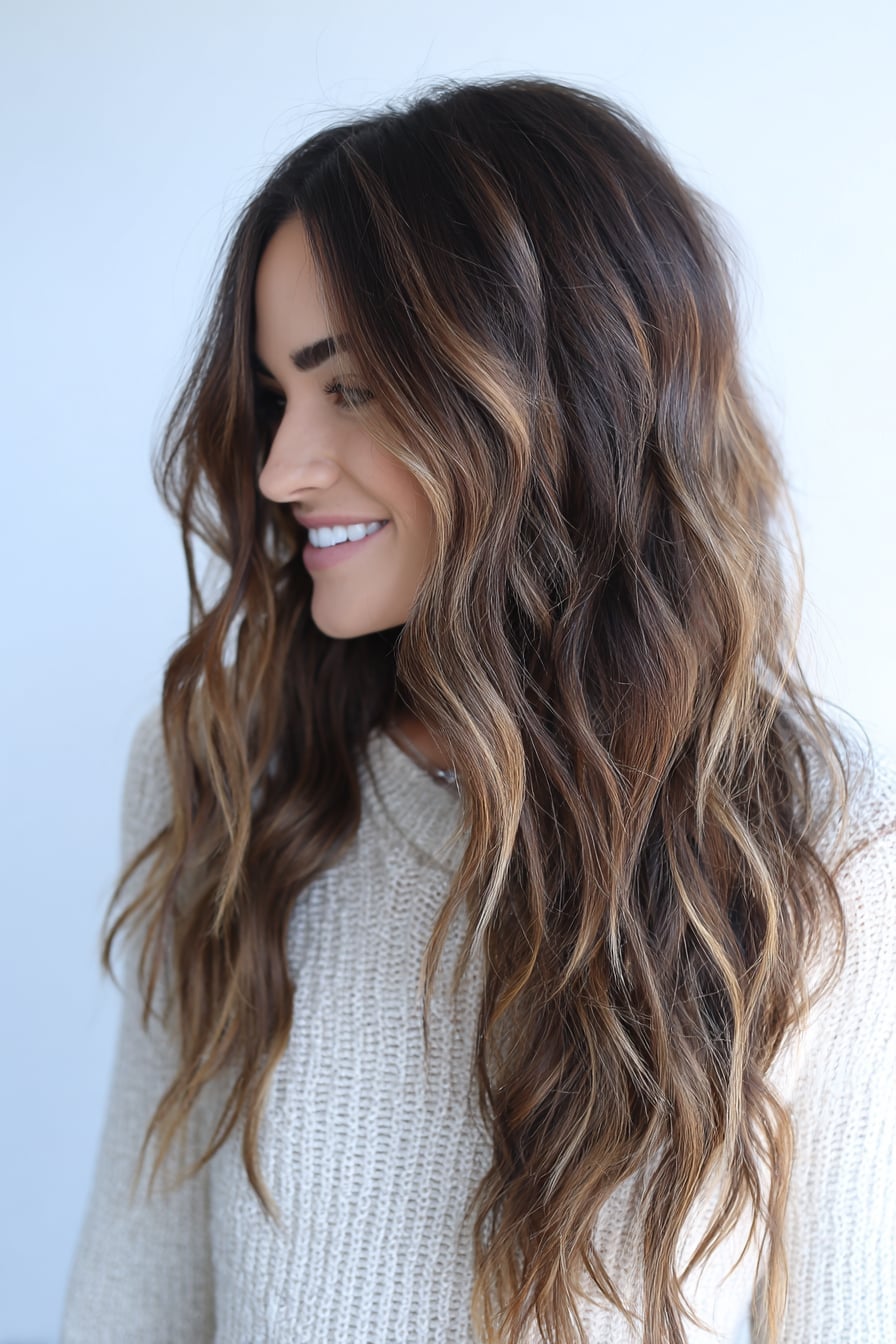 Mid-Back Dark Brown Waves With Blonde Highlights — Classy Wavy Hair Hairstyles