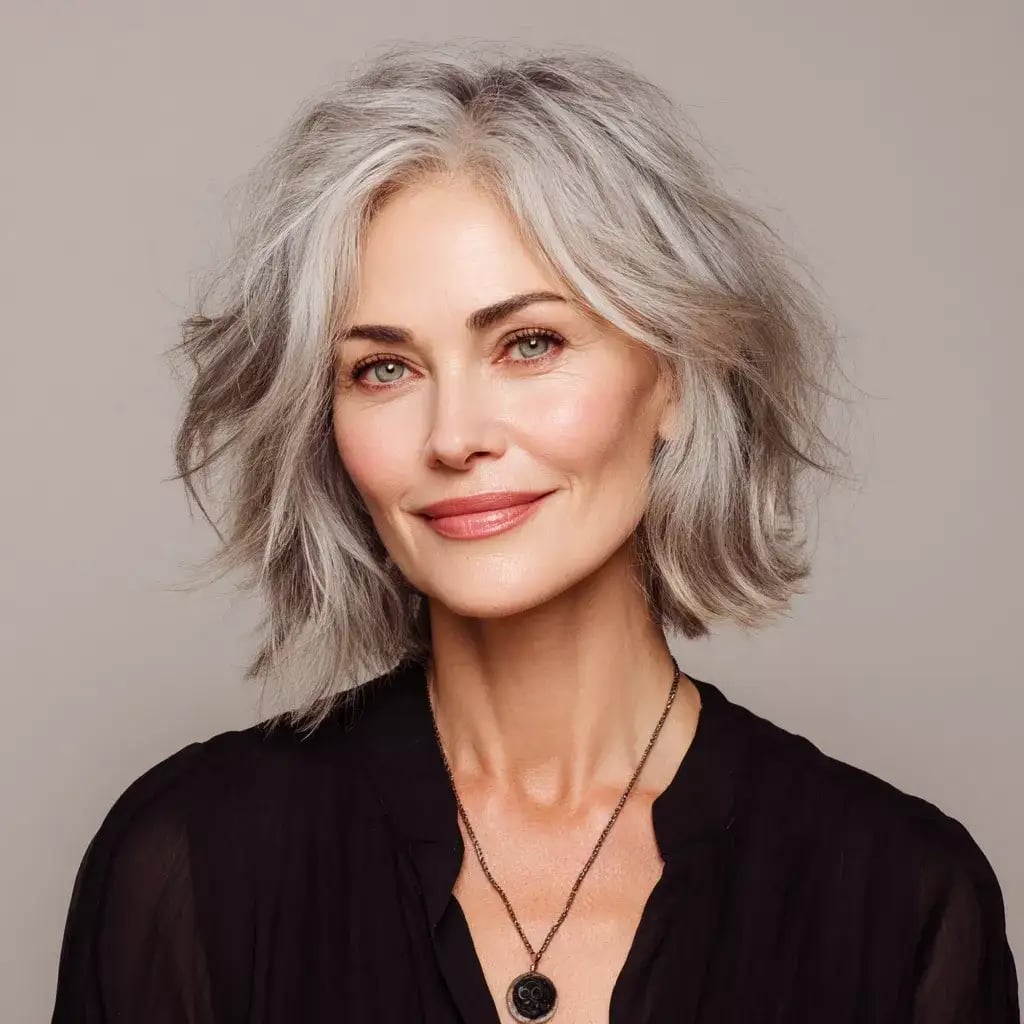 Chin Length Grey Bob With Lived-In Waves — Classy Wavy Hair Hairstyles