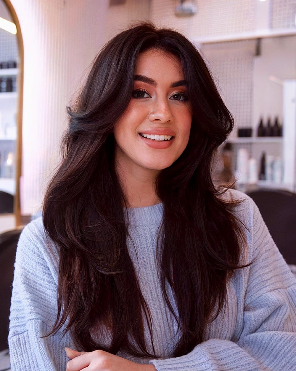 Mid-Back Dark Brown Volume Waves Blowout, Close-Up Take Mid-Back Dark Brown Volume Waves Blowout, Close-Up Take — Classy Wavy Hairstyles