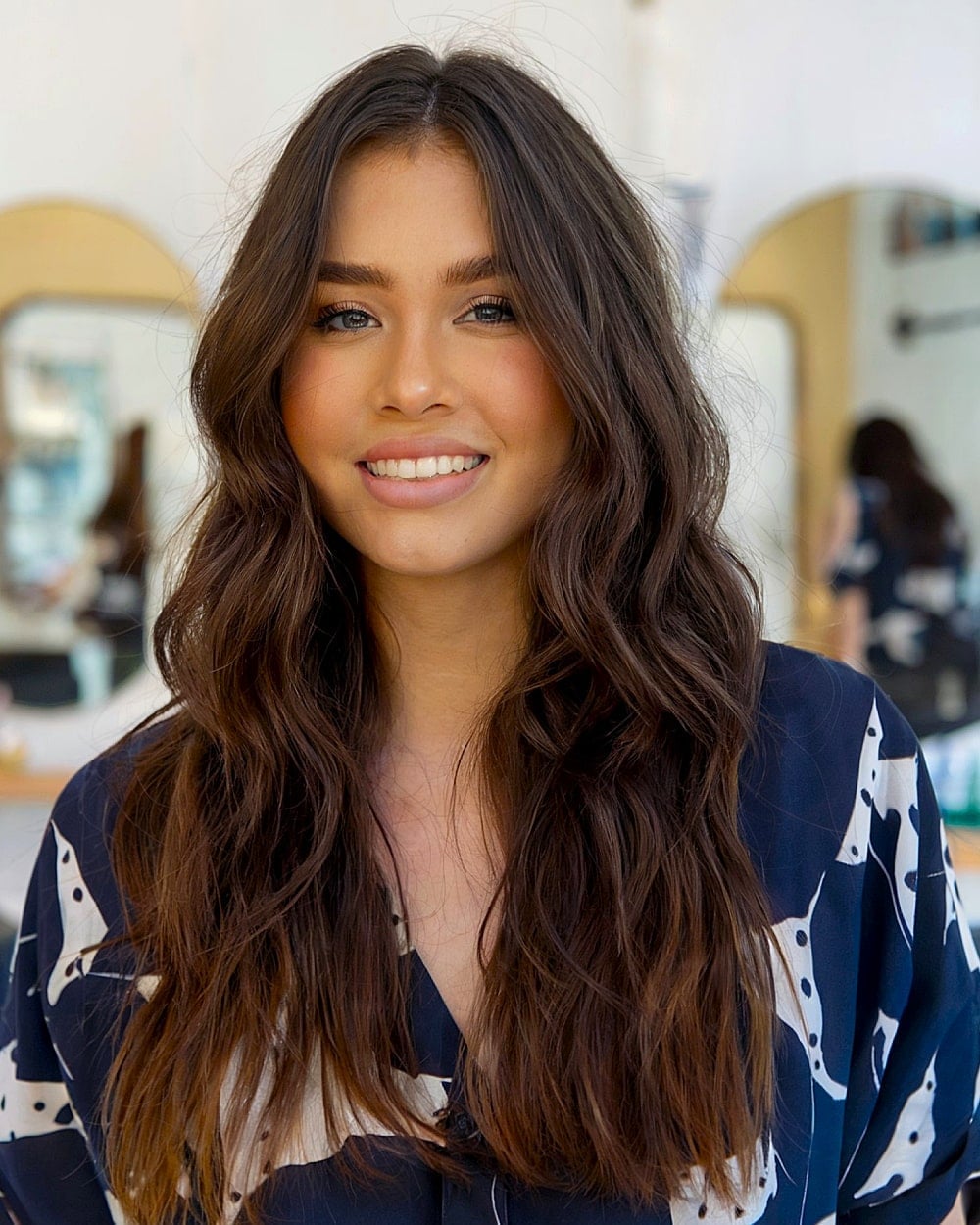 Mid-Back Thick Dark Brown Voluminous Waves, Layers Mid-Back Thick Dark Brown Voluminous Waves, Layers — Classy Wavy Hairstyles