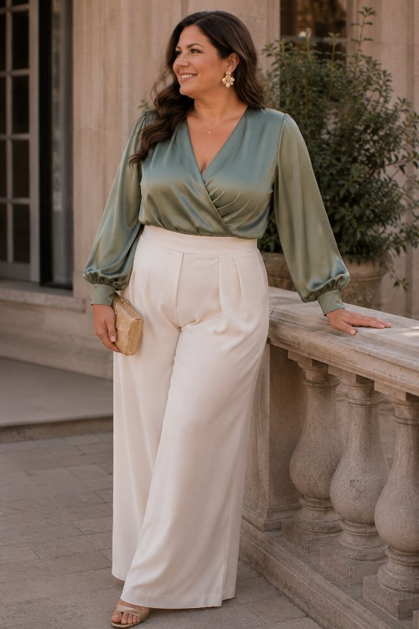 Sage Green Satin Wrap Top with Cream Wide-Leg Trousers Sage Green Satin Wrap Top with Cream Wide-Leg Trousers — Classy Wedding Guest Outfits
