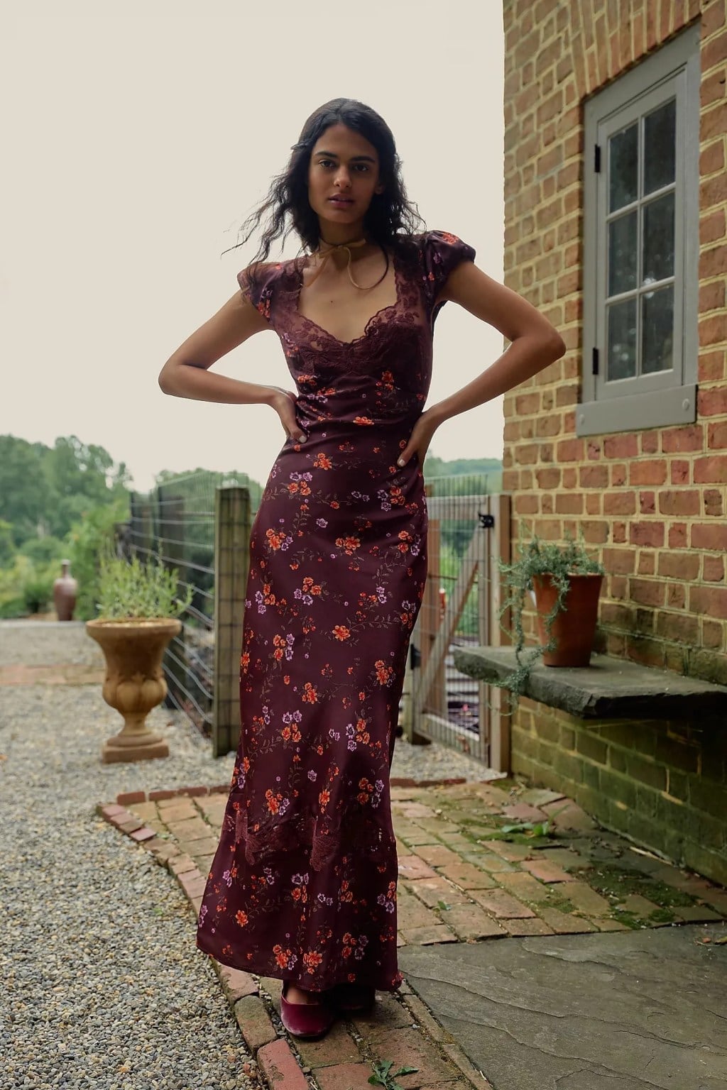 Burgundy Floral Print Maxi Dress with Lace Trim Burgundy Floral Print Maxi Dress with Lace Trim — Classy Wedding Guest Outfits