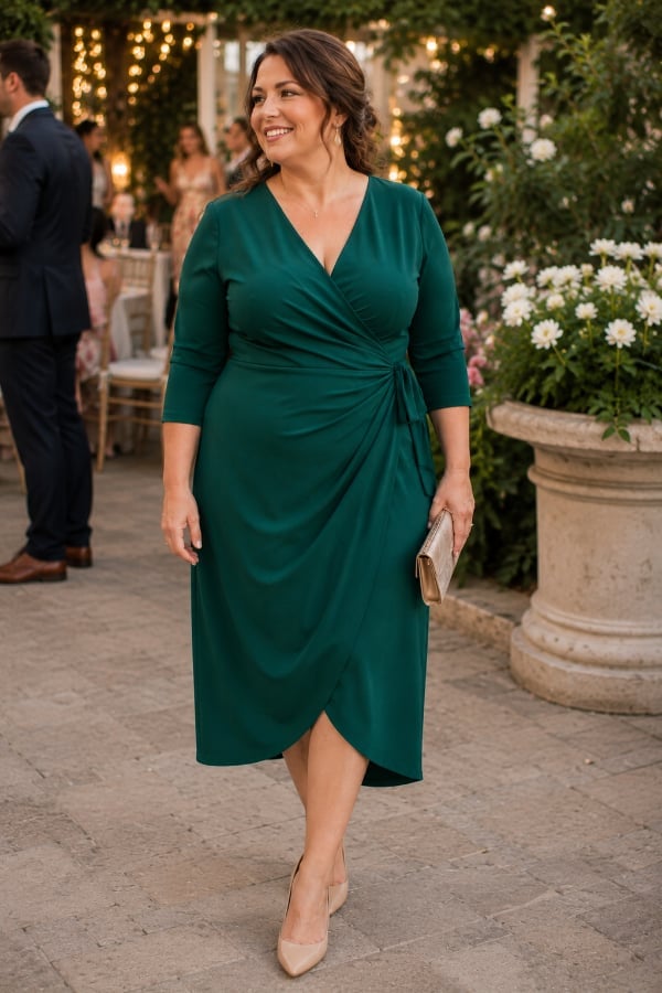 Emerald Green Jersey Wrap Dress with Tulip Hem Emerald Green Jersey Wrap Dress with Tulip Hem — Classy Wedding Guest Outfits