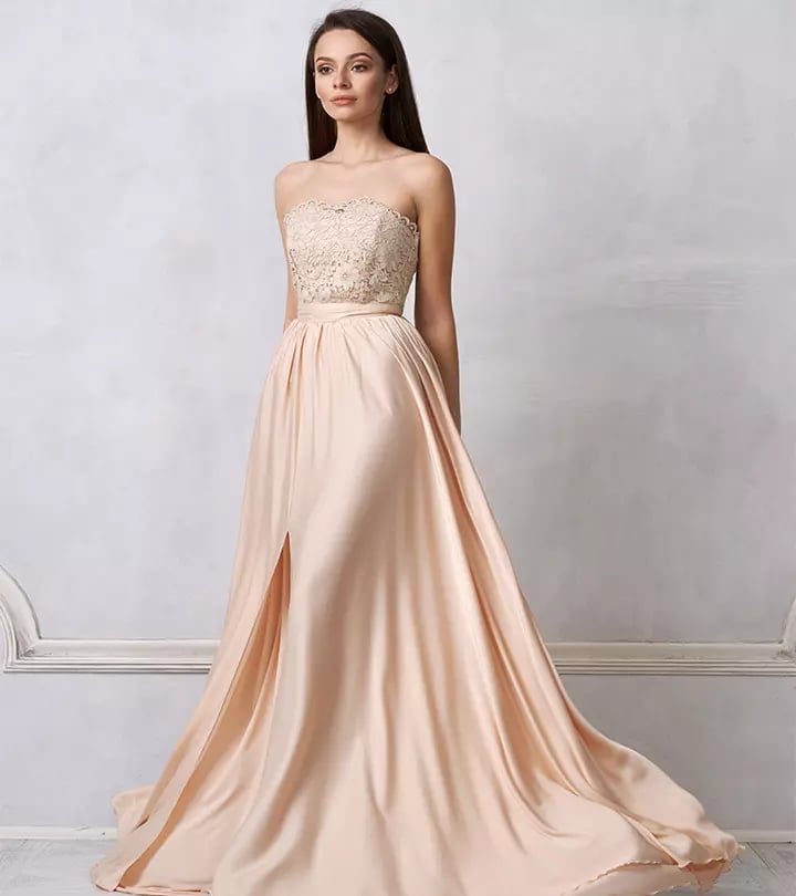 Champagne Lace and Satin Gown with High Slit Champagne Lace and Satin Gown with High Slit — Classy Wedding Guest Outfits