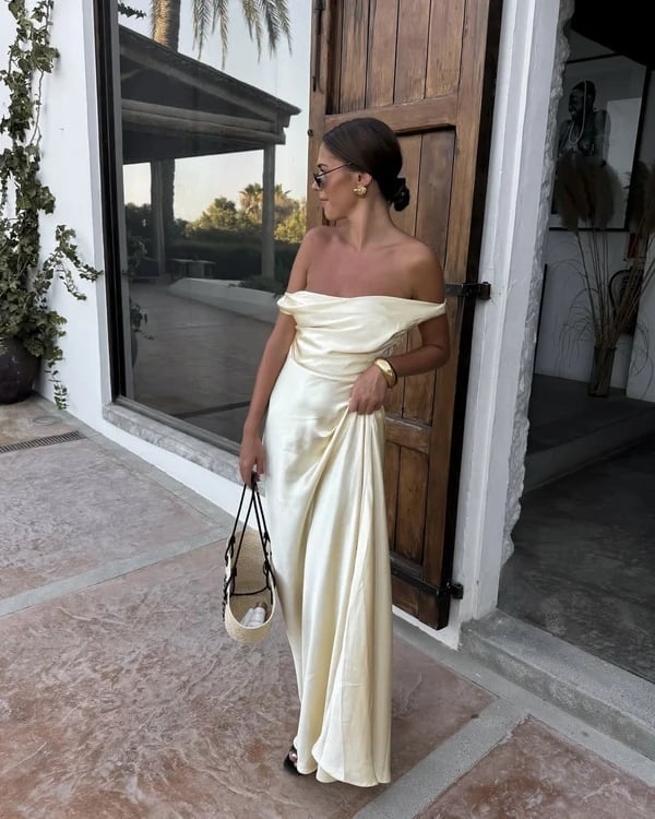 Pale Yellow Off-The-Shoulder Silk Dress with Draped Neckline Pale Yellow Off-The-Shoulder Silk Dress with Draped Neckline — Classy Wedding Guest Outfits