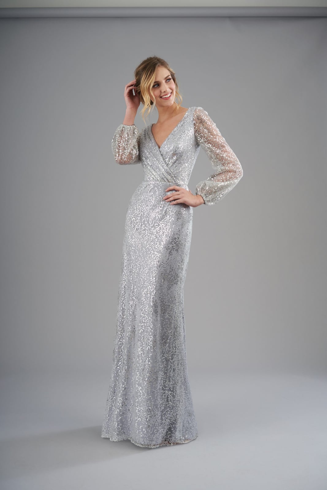 Silver Sequined Long-Sleeved Gown with Deep V-neck Silver Sequined Long-Sleeved Gown with Deep V-neck — Classy Wedding Guest Outfits