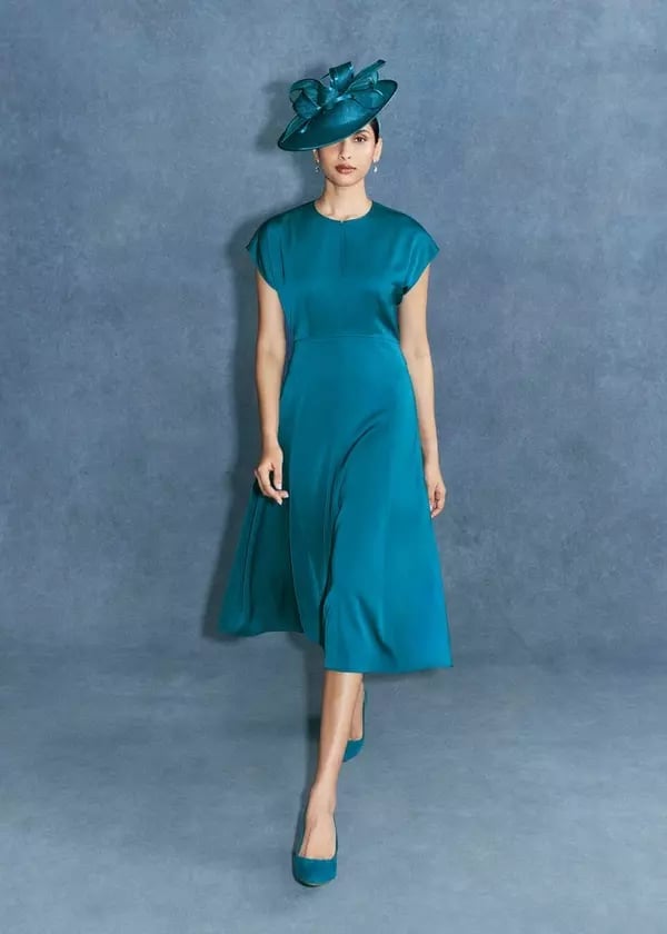 Teal Satin Midi Dress with Cap Sleeves and Matching Hat Teal Satin Midi Dress with Cap Sleeves and Matching Hat — Classy Wedding Guest Outfits