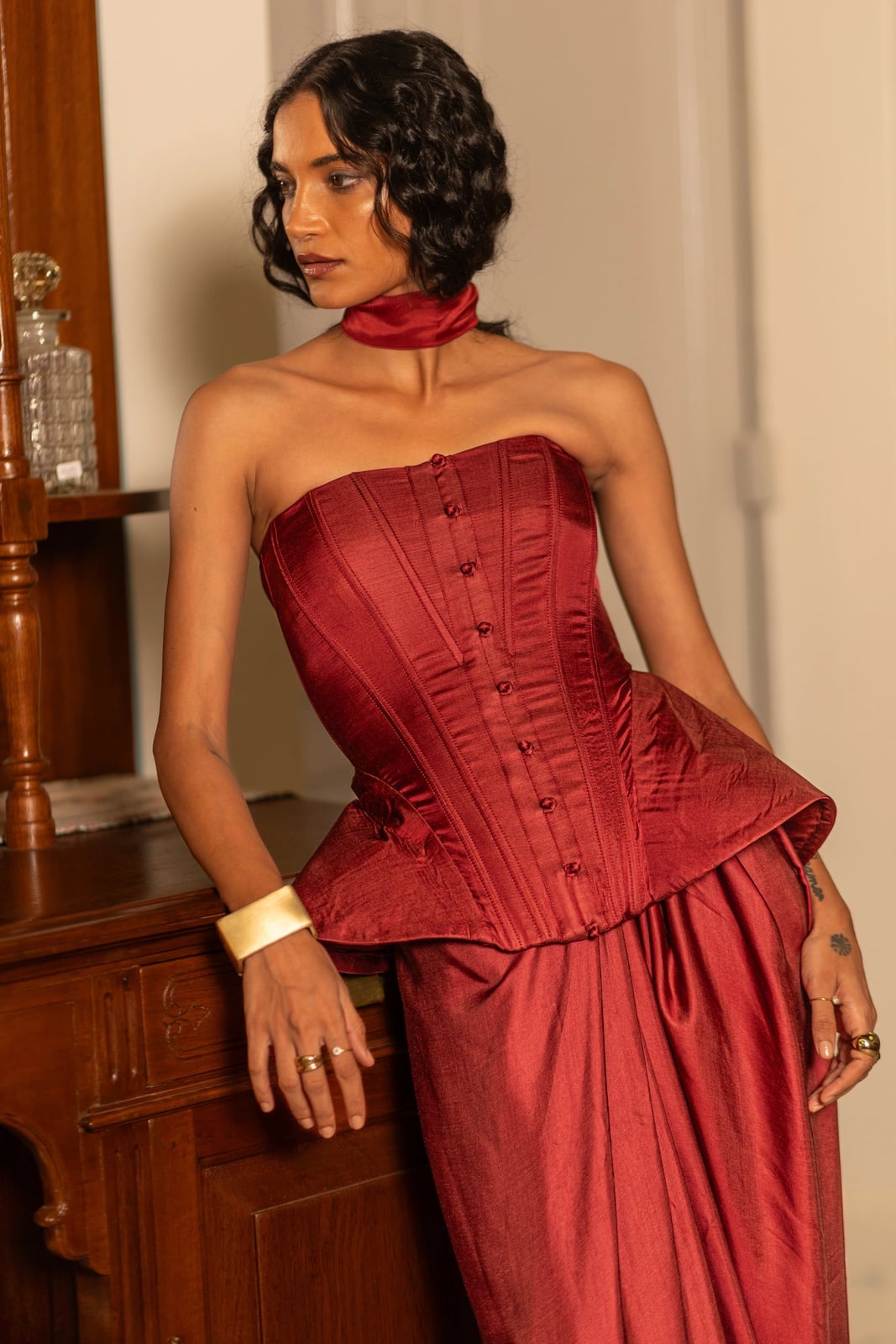Deep Red Satin Corset Top with Flared Skirt Deep Red Satin Corset Top with Flared Skirt — Classy Wedding Guest Outfits