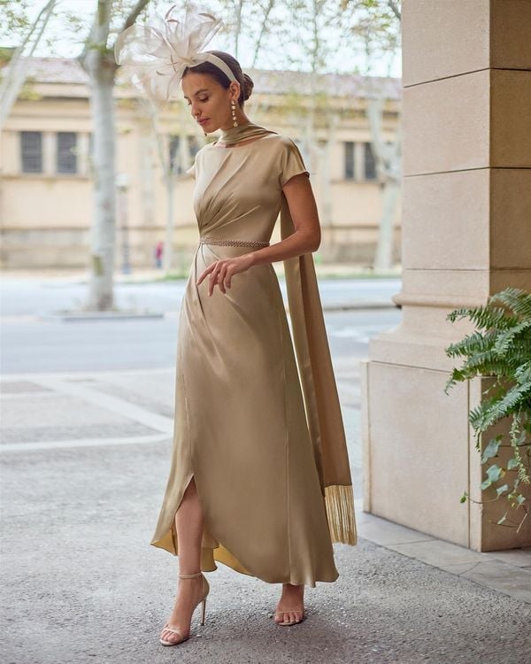 Champagne Gold Satin Dress with Draped Scarf Detail Champagne Gold Satin Dress with Draped Scarf Detail — Classy Wedding Guest Outfits