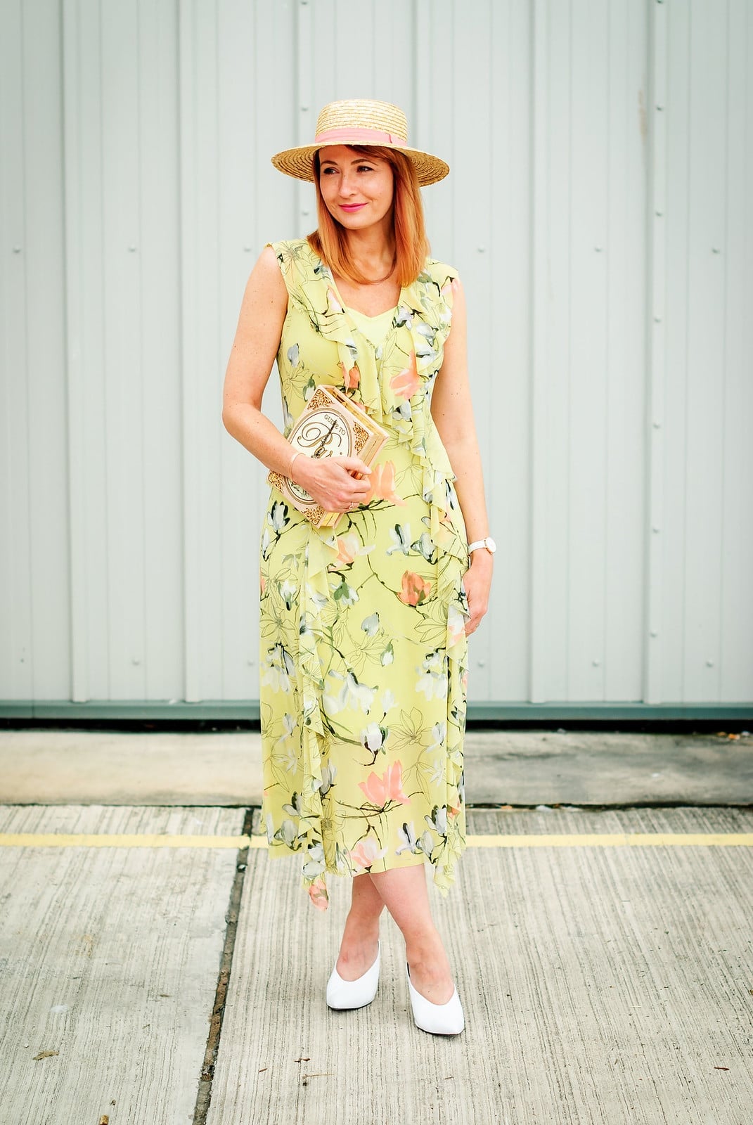 Pale Yellow Floral Midi Dress with Straw Hat Pale Yellow Floral Midi Dress with Straw Hat — Classy Wedding Guest Outfits
