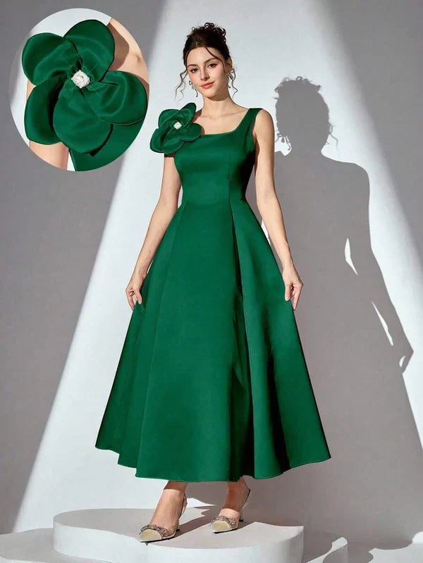 Emerald Green Fit-And-Flare Dress with Shoulder Applique Emerald Green Fit-And-Flare Dress with Shoulder Applique — Classy Wedding Guest Outfits