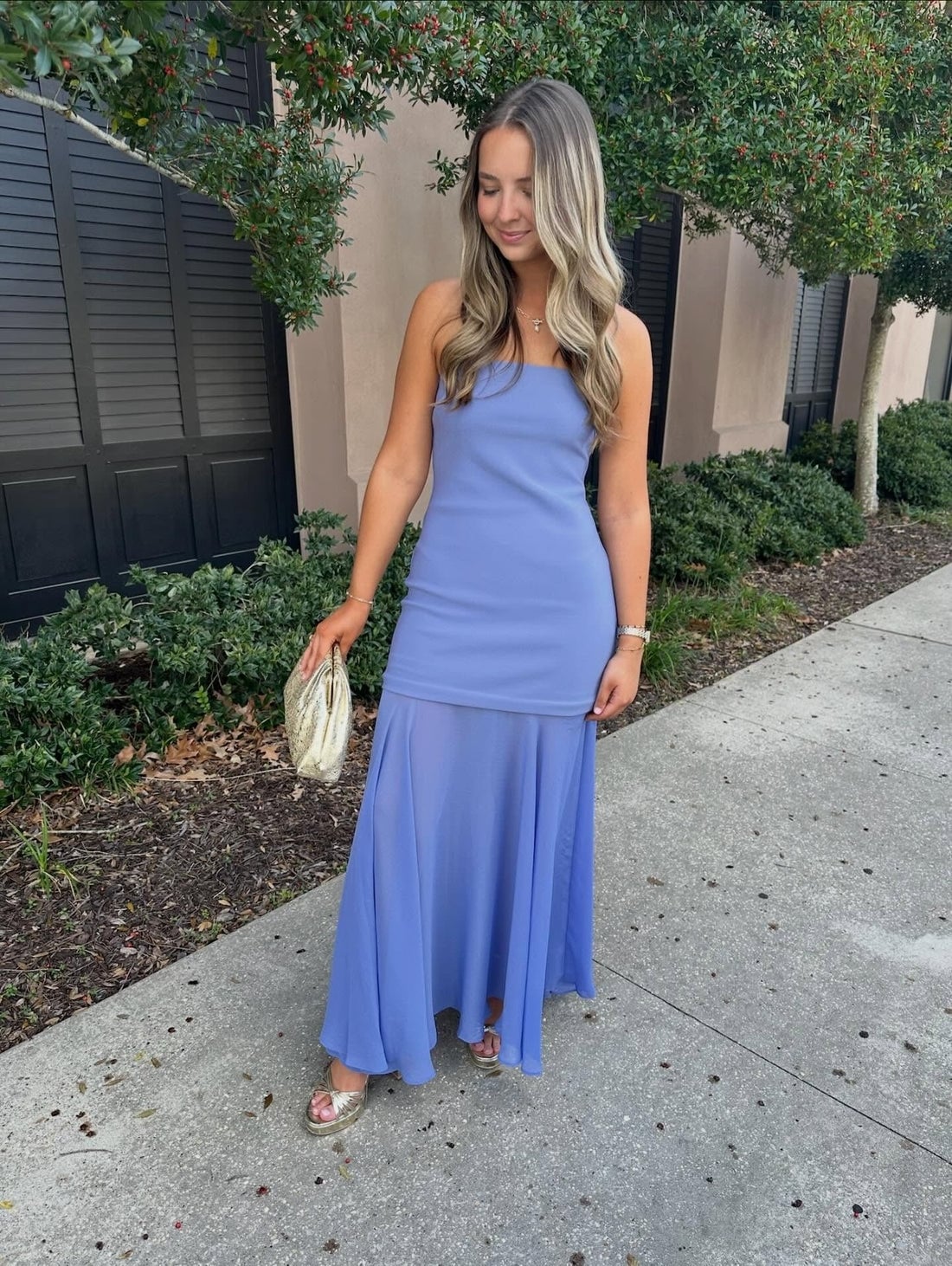 Periwinkle Blue Strapless Maxi Dress with Tiered Skirt Periwinkle Blue Strapless Maxi Dress with Tiered Skirt — Classy Wedding Guest Outfits