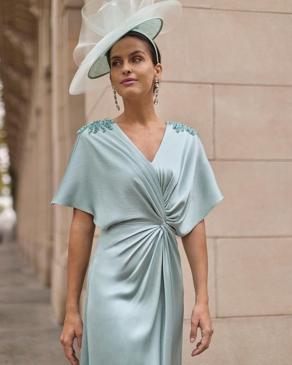 Pale Blue Crepe Dress with Knotted Waist and Embellished Shoulders Pale Blue Crepe Dress with Knotted Waist and Embellished Shoulders — Classy Wedding Guest Outfits