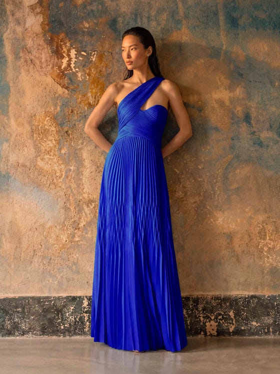 Royal Blue One-Shoulder Pleated Gown in Column Silhouette Royal Blue One-Shoulder Pleated Gown in Column Silhouette — Classy Wedding Guest Outfits