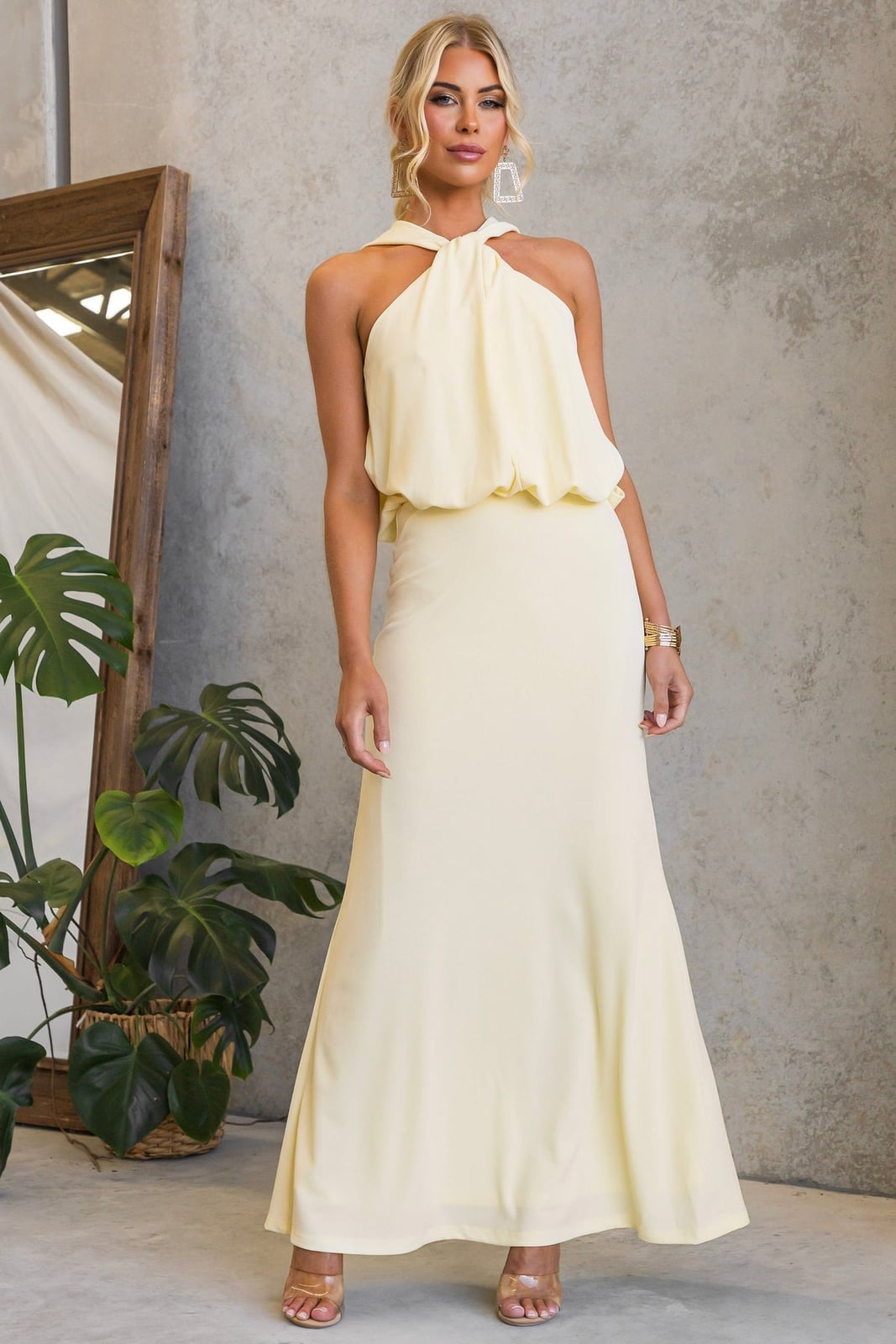 Pale Yellow Halter Neck Maxi Dress for a Wedding Guest Pale Yellow Halter Neck Maxi Dress for a Wedding Guest — Classy Wedding Guest Outfits