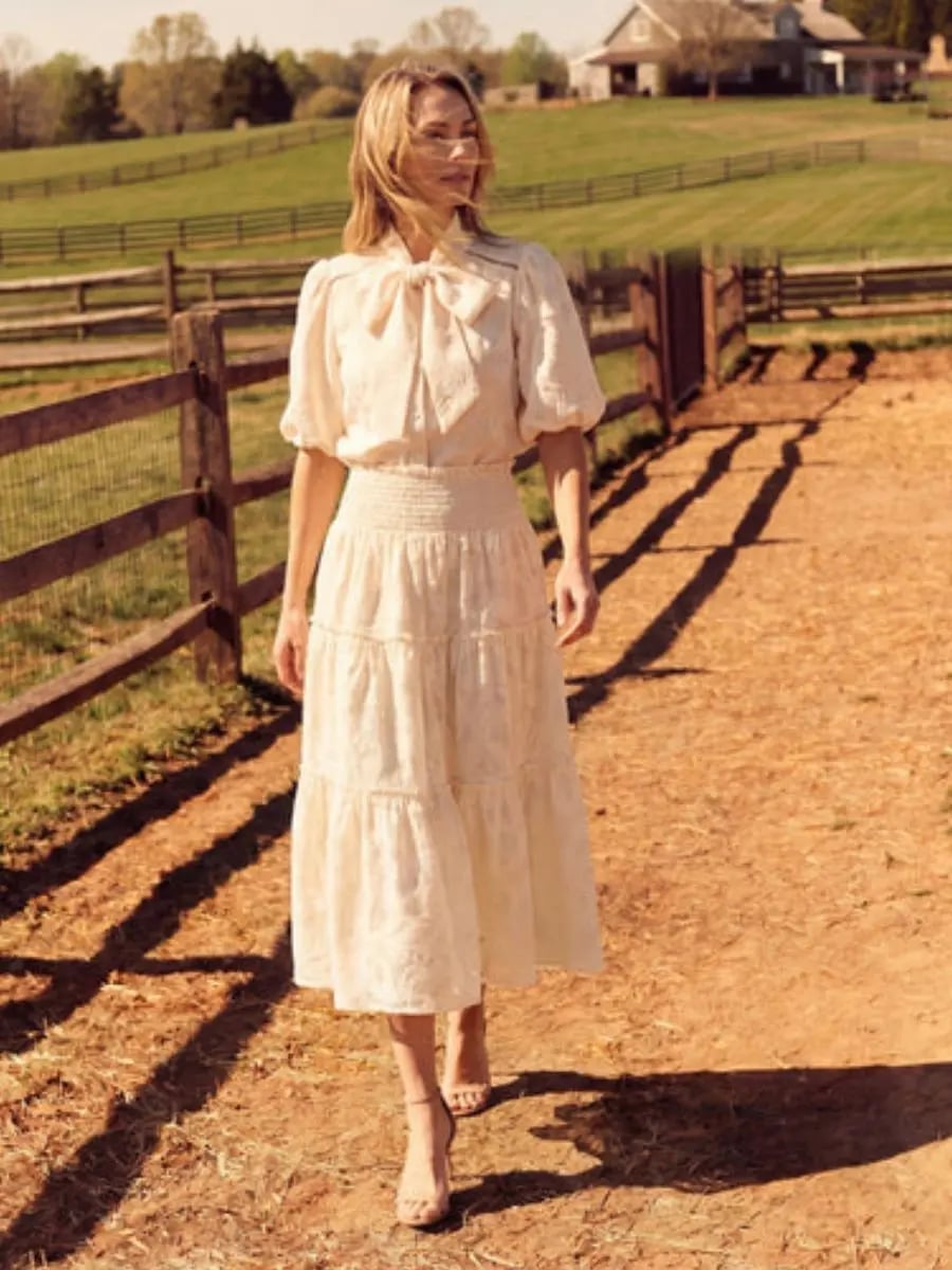 White Puff Sleeve Blouse With Tiered Skirt — Classy White Blouse Outfit
