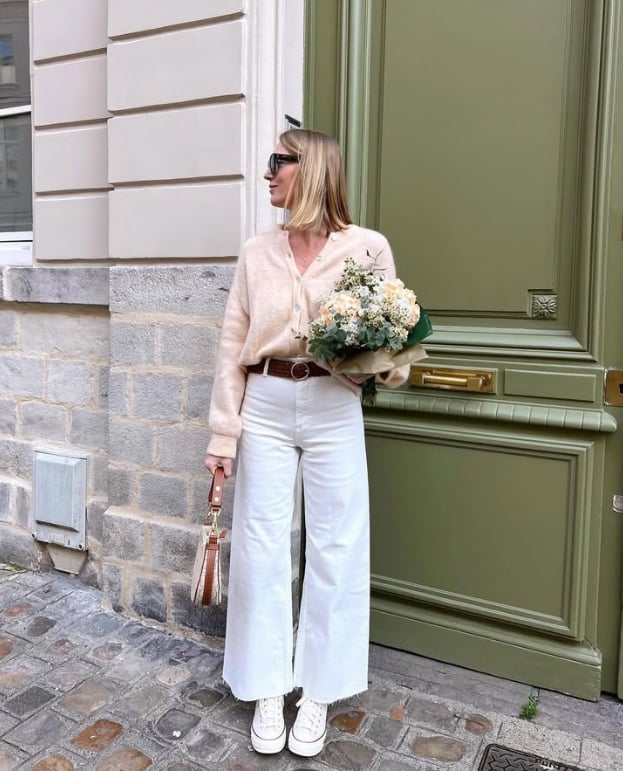 White Wide-Leg Trousers With Knit Cardigan — Classy White Blouse Outfit