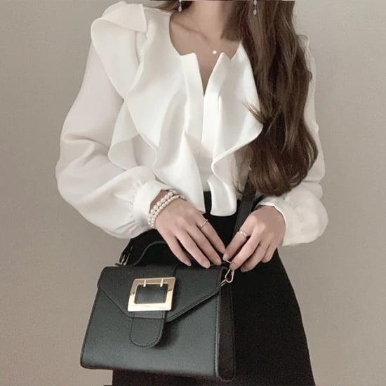 White Ruffled Blouse With Black Skirt — Classy White Blouse Outfit