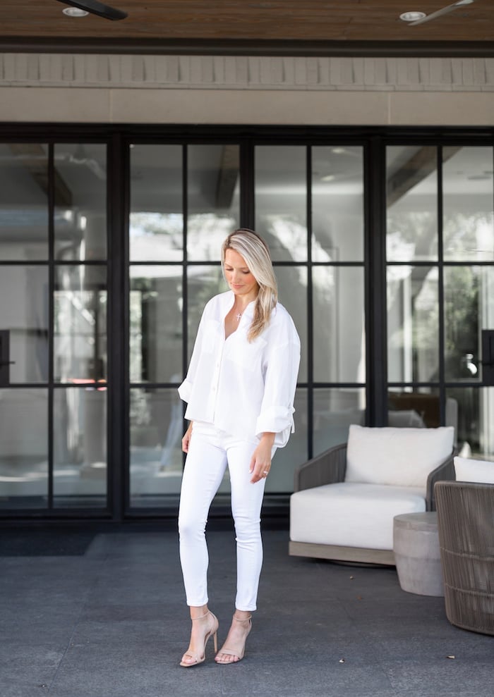 Oversized White Shirt With Split Hem Jeans — Classy White Blouse Outfit
