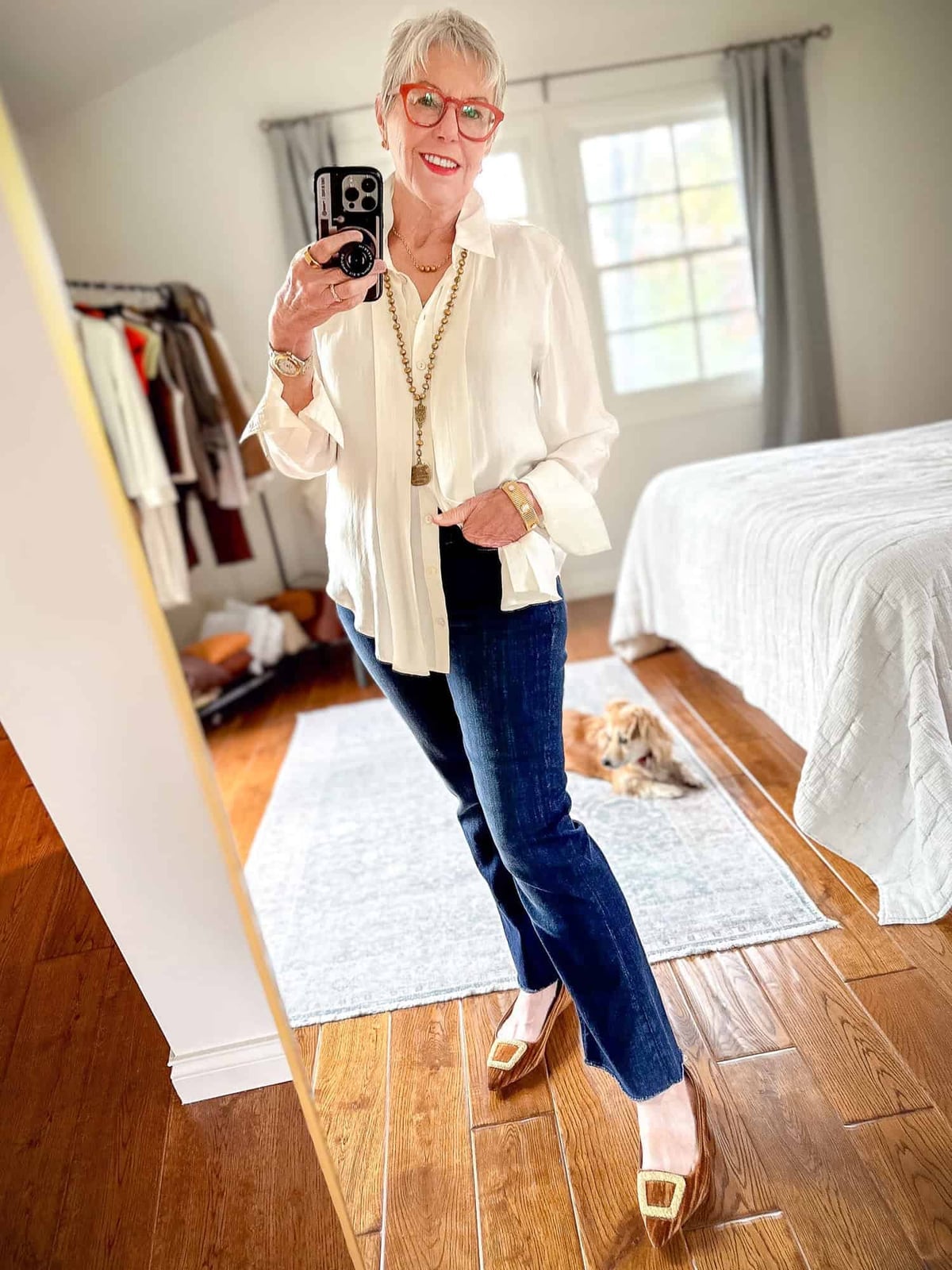 White Pleated Blouse With Straight-Leg Jeans — Classy White Blouse Outfit