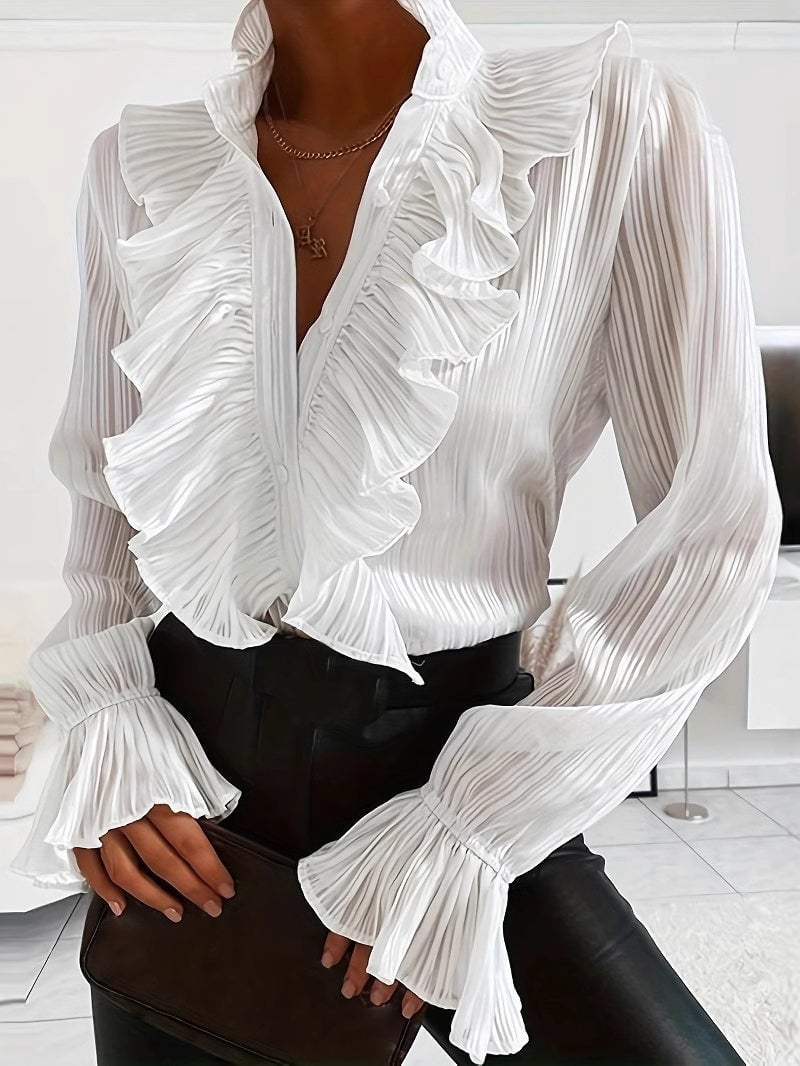 White Ruffled Blouse With Black Trousers — Classy White Blouse Outfit
