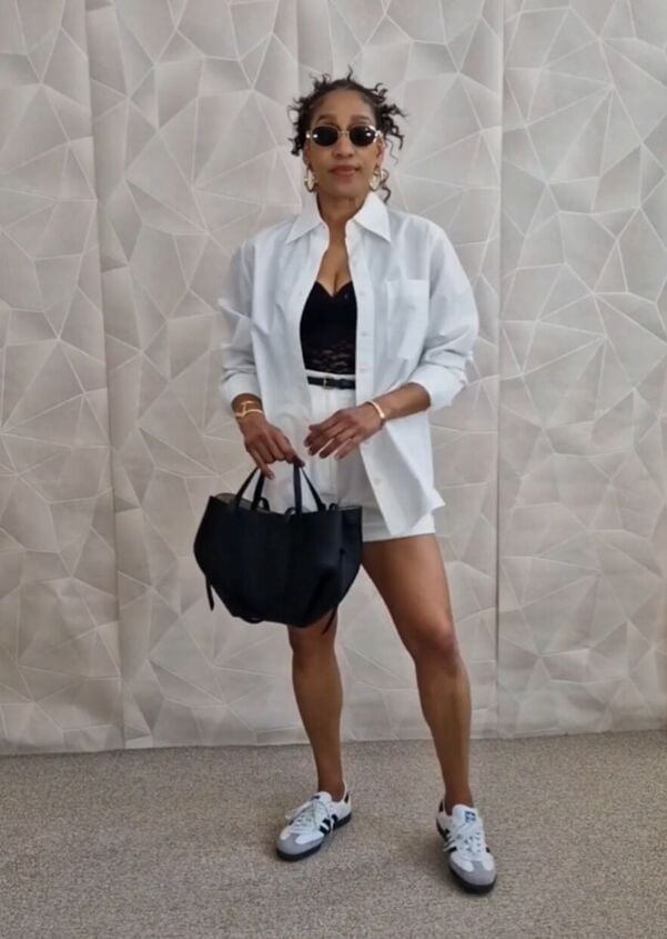 Oversized White Shirt With Bralette And Shorts and Black Handbag — Classy White Blouse Outfit