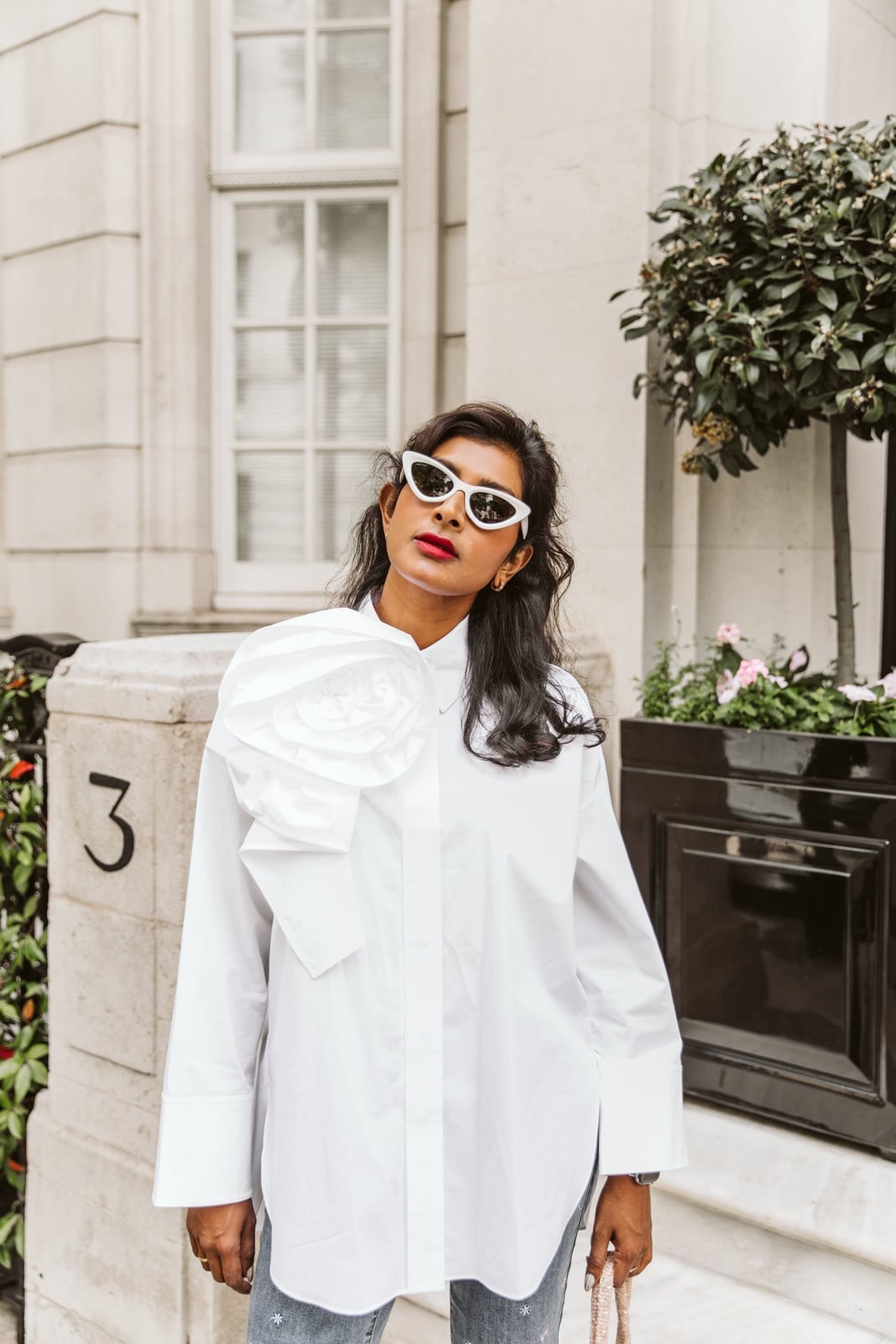 White Shirt With Fabric Rose Detail — Classy White Blouse Outfit