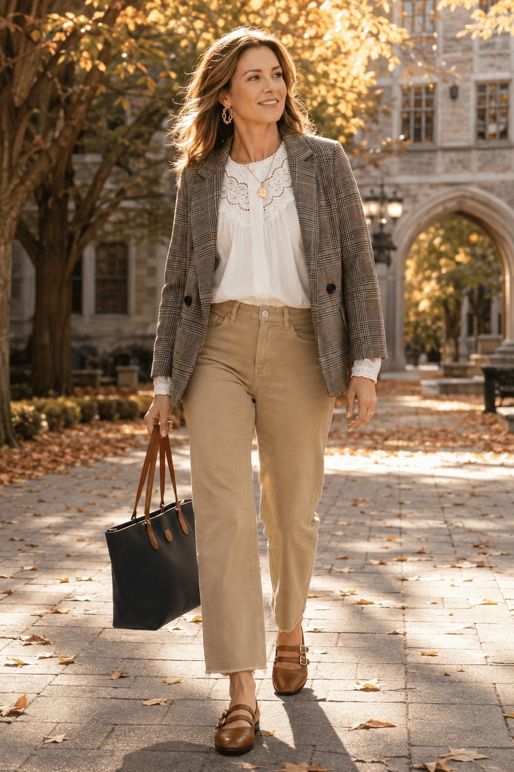 White Embroidered Blouse With Plaid Blazer — Classy White Blouse Outfit