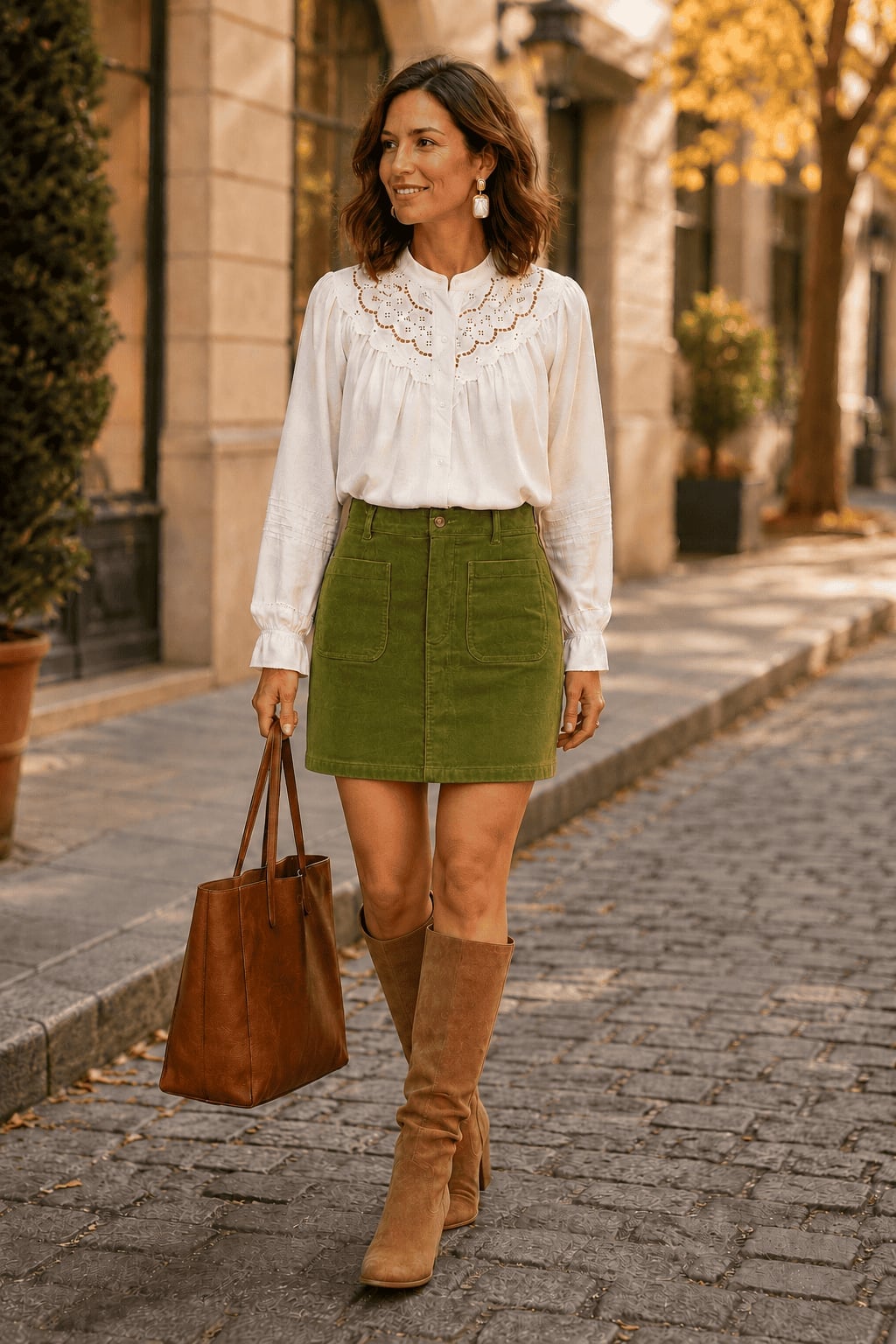 White Embroidered Blouse With Corduroy Skirt — Classy White Blouse Outfit