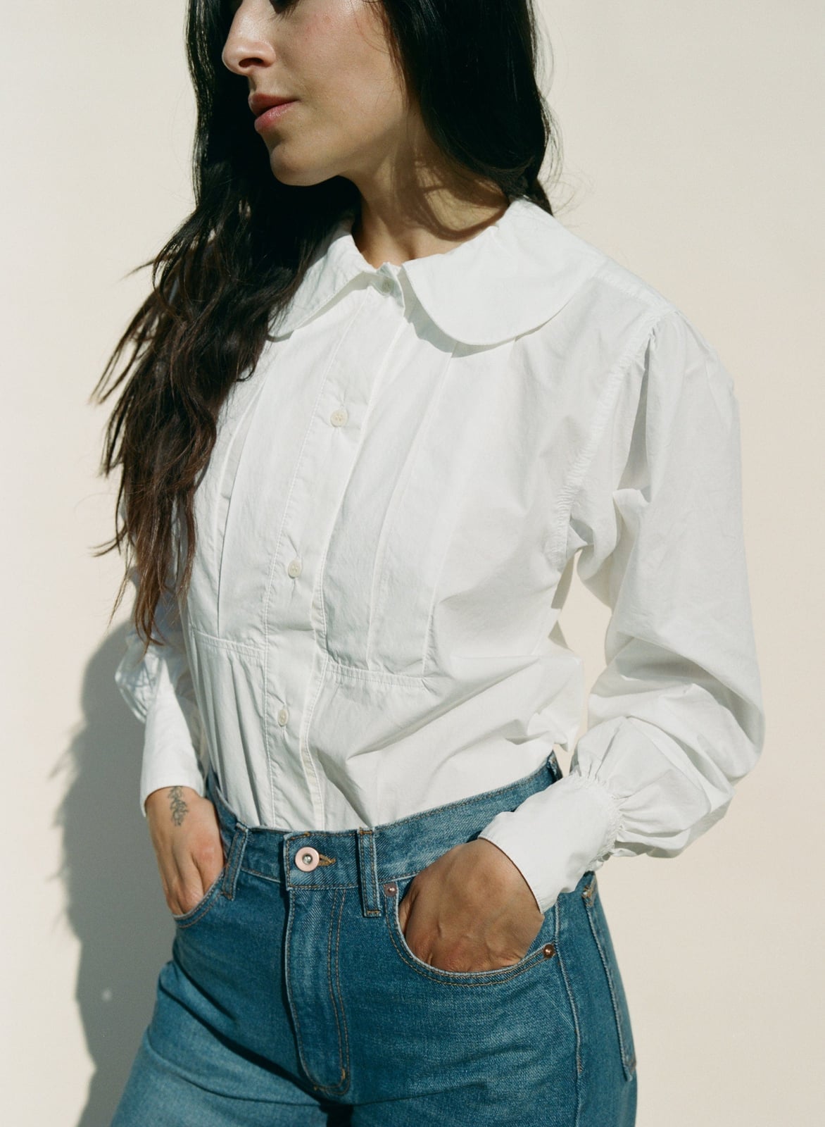 White Peter Pan Collar Blouse With Jeans — Classy White Blouse Outfit