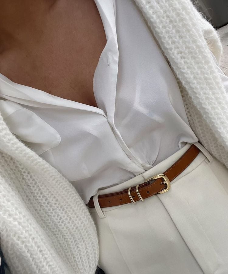 White Silk Blouse With Knit Cardigan — Classy White Blouse Outfit