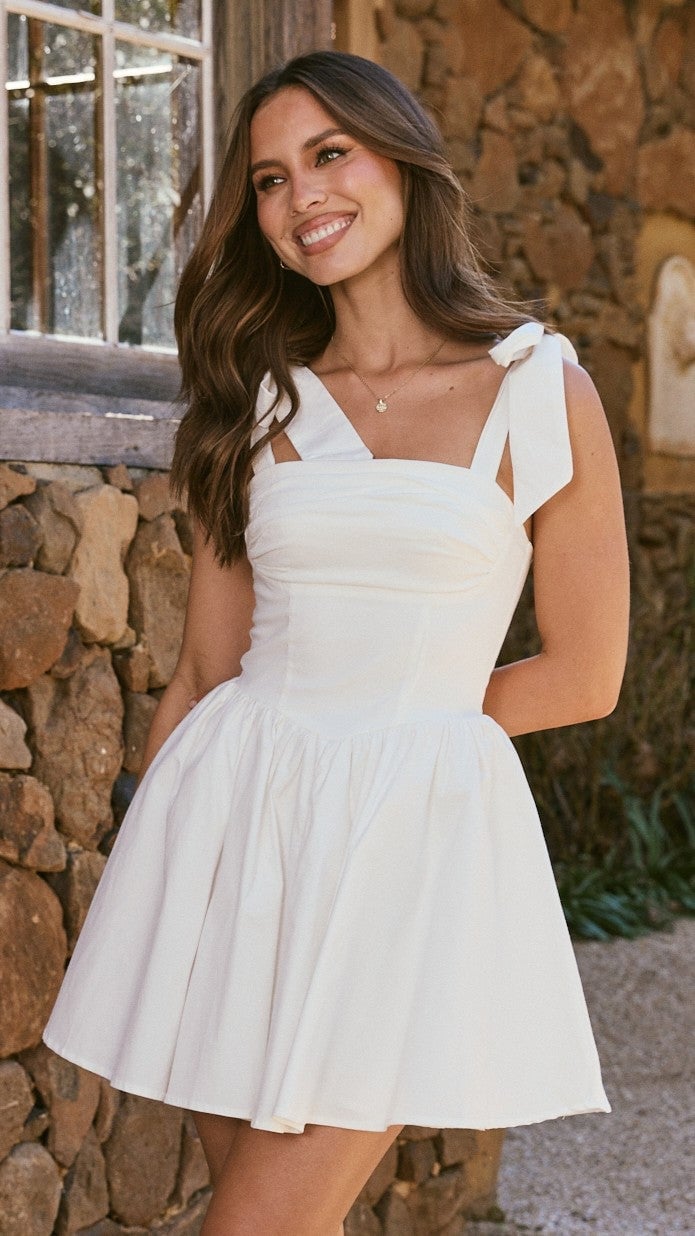 Cotton Mini Dress with Bow Straps — Classy White Outfits