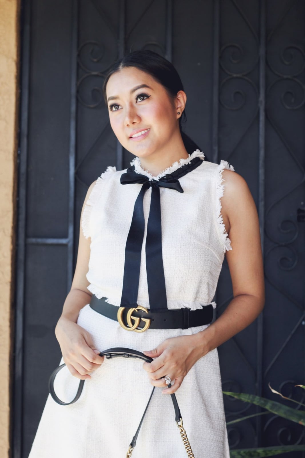 Tweed Dress with Frayed Hem and Bow Tie — Classy White Outfits