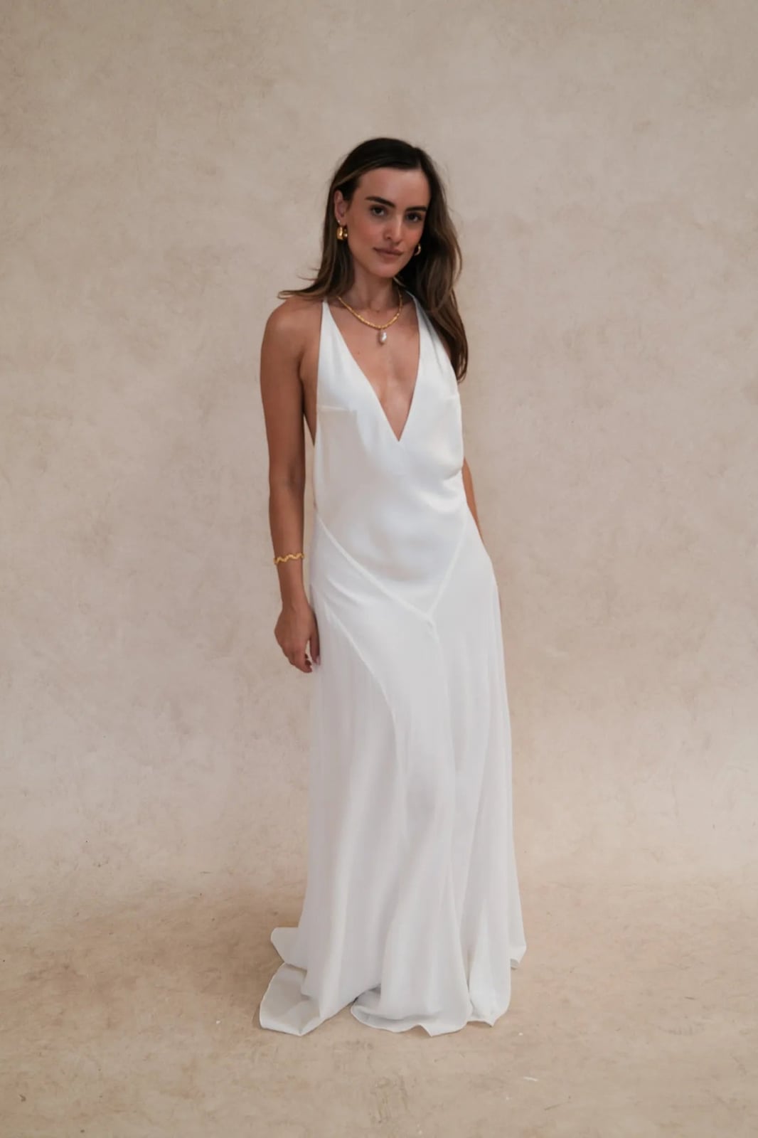 Flowing Maxi Dress with Deep V-Neck — Classy White Outfits