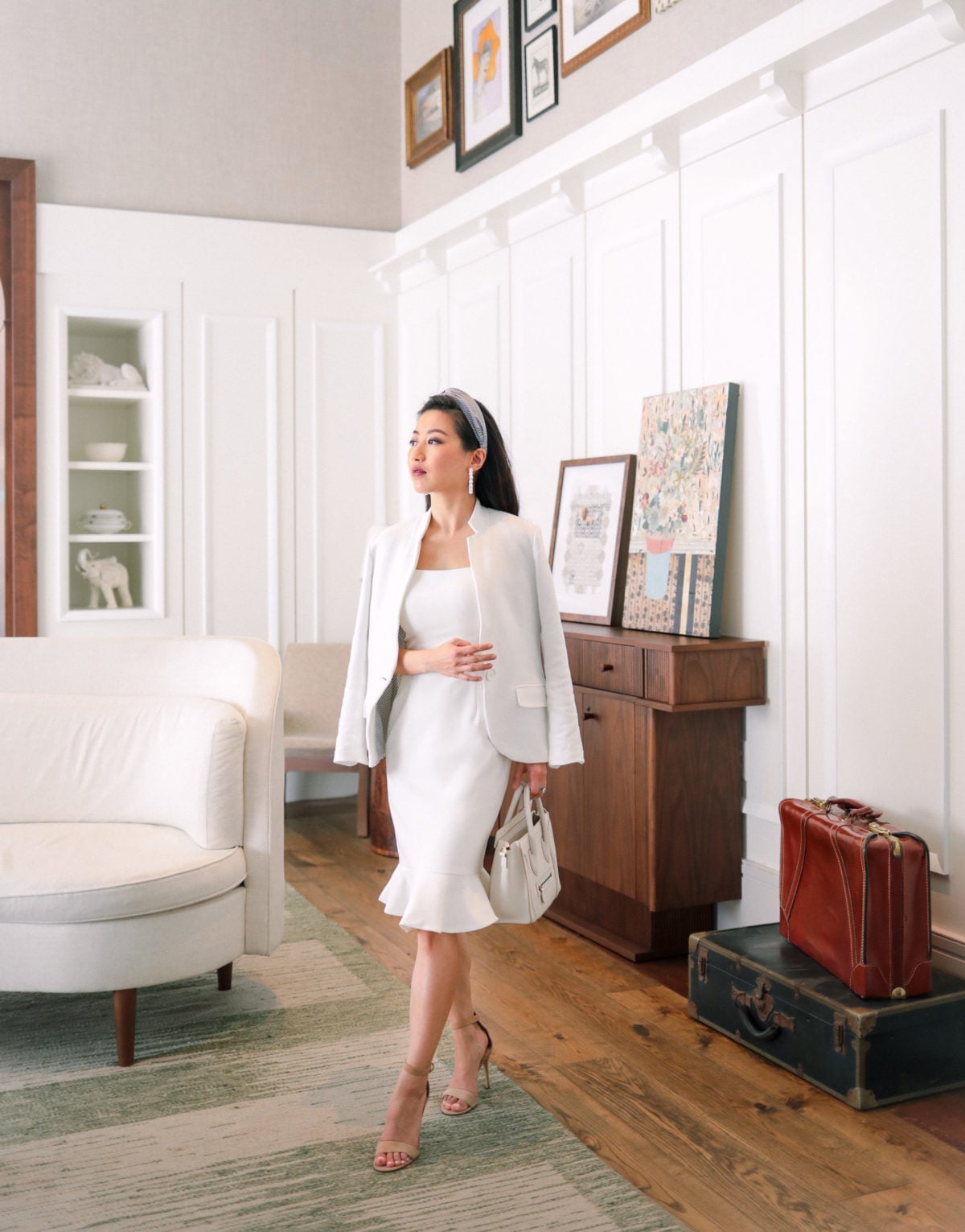 Linen Blend Blazer Over Sheath Dress — Classy White Outfits