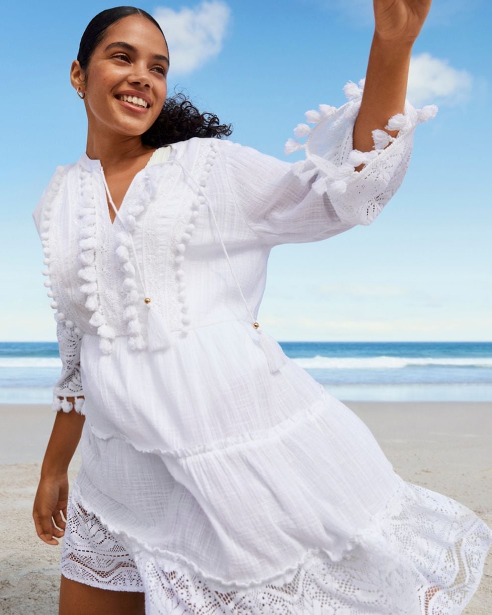 Tiered Cotton Dress with Pom-Pom Trim — Classy White Outfits