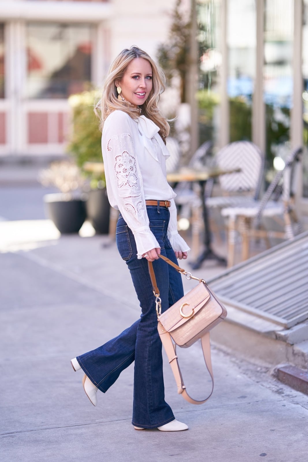 White Bow Blouse With Dark Wash Flare Jeans White Bow Blouse With Dark Wash Flare Jeans — Classy White Top Outfits