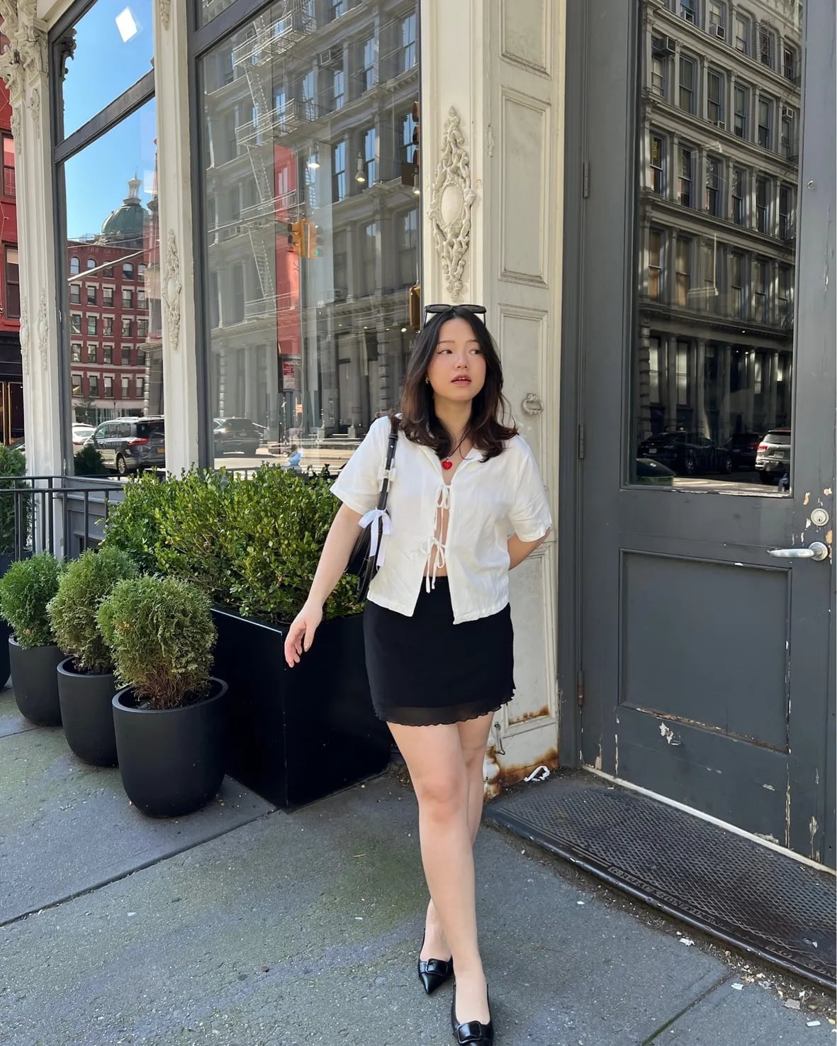 White Tie-Front Top With Black Mini Skirt White Tie-Front Top With Black Mini Skirt — Classy White Top Outfits