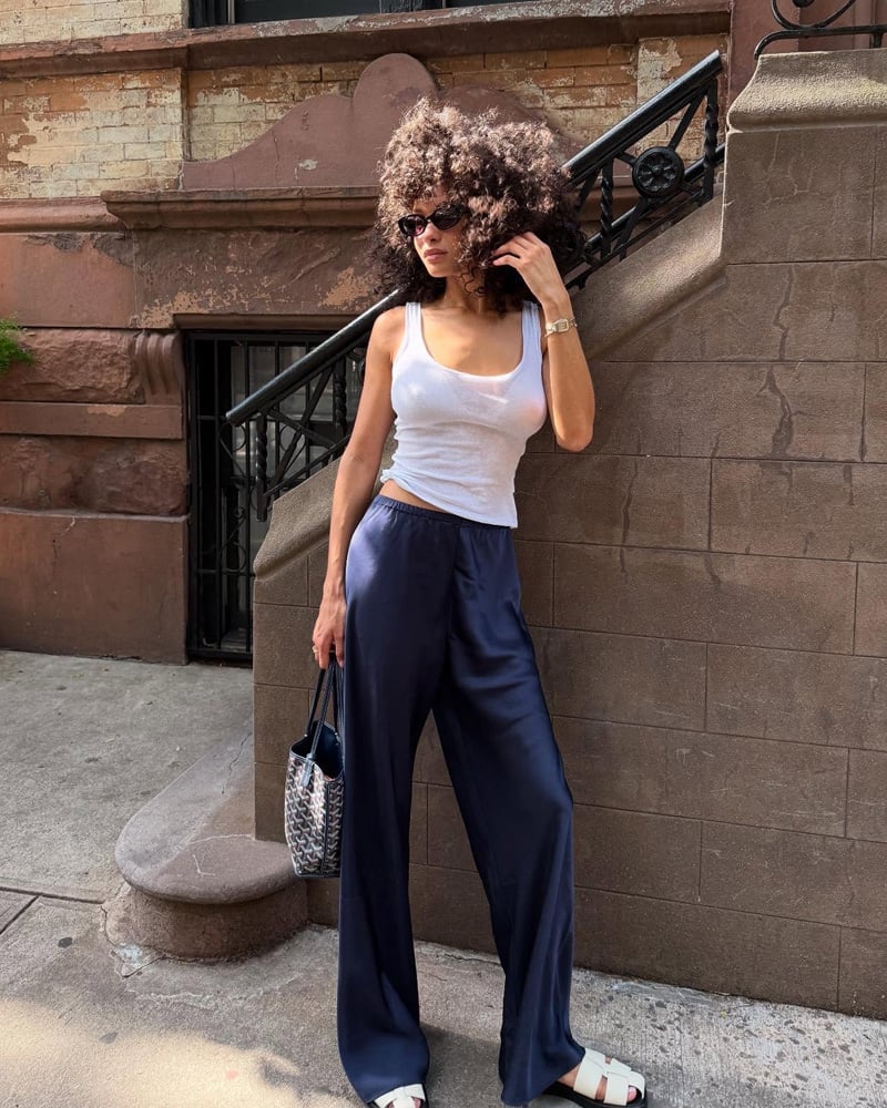 White Tank Top With Navy Wide Leg Silk Pants White Tank Top With Navy Wide Leg Silk Pants — Classy White Top Outfits