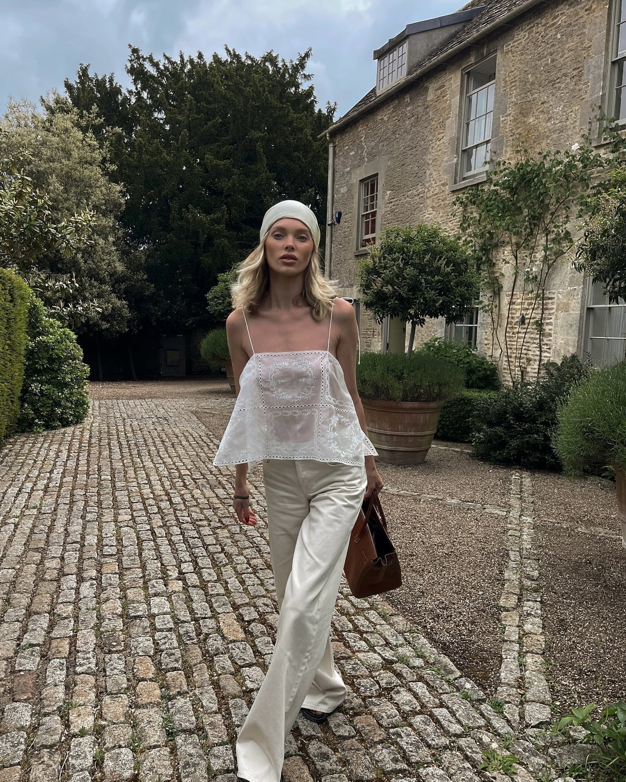 White Lace Camisole With Cream Satin Trousers White Lace Camisole With Cream Satin Trousers — Classy White Top Outfits