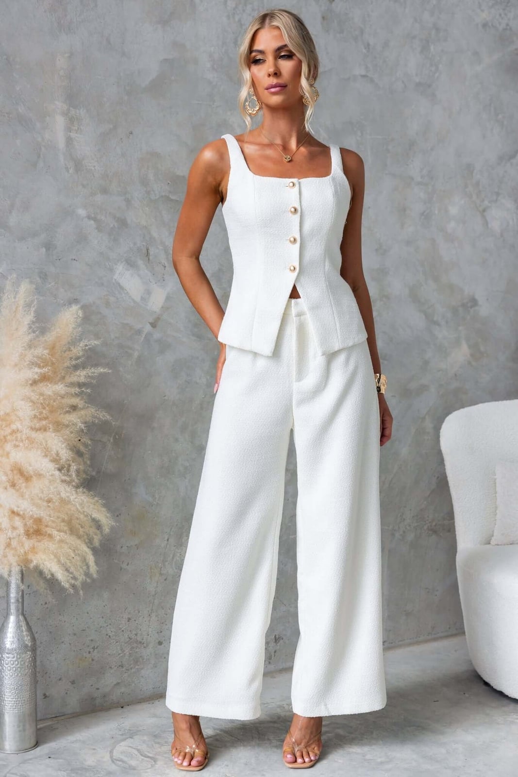 White Sleeveless Vest Top With Gold Buttons White Sleeveless Vest Top With Gold Buttons — Classy White Top Outfits