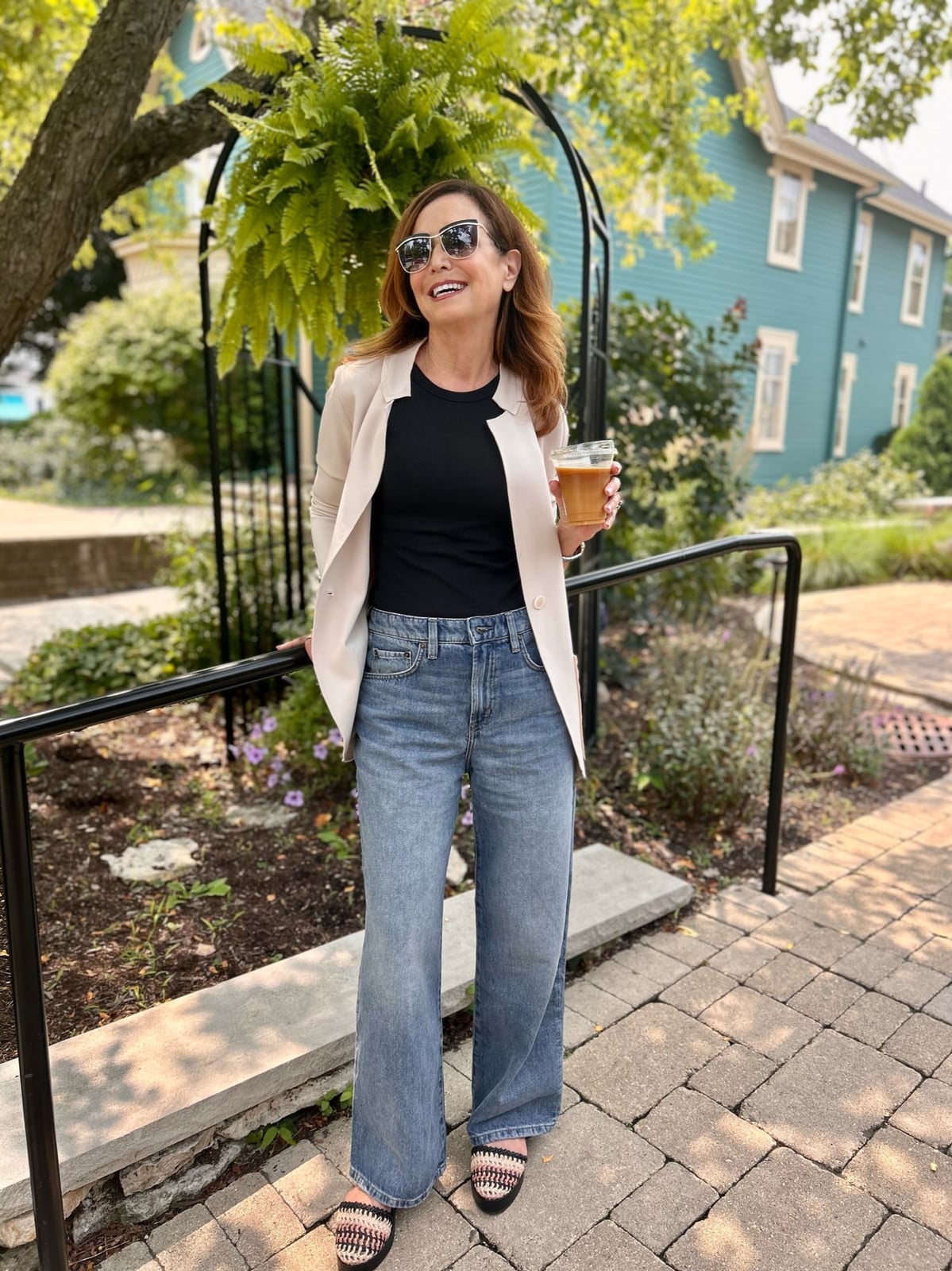 Medium Wash Wide Leg Jeans with Beige Blazer and Striped Flat Sandals Medium Wash Wide Leg Jeans with Beige Blazer and Striped Flat Sandals — Classy Wide Leg Jeans Outfits