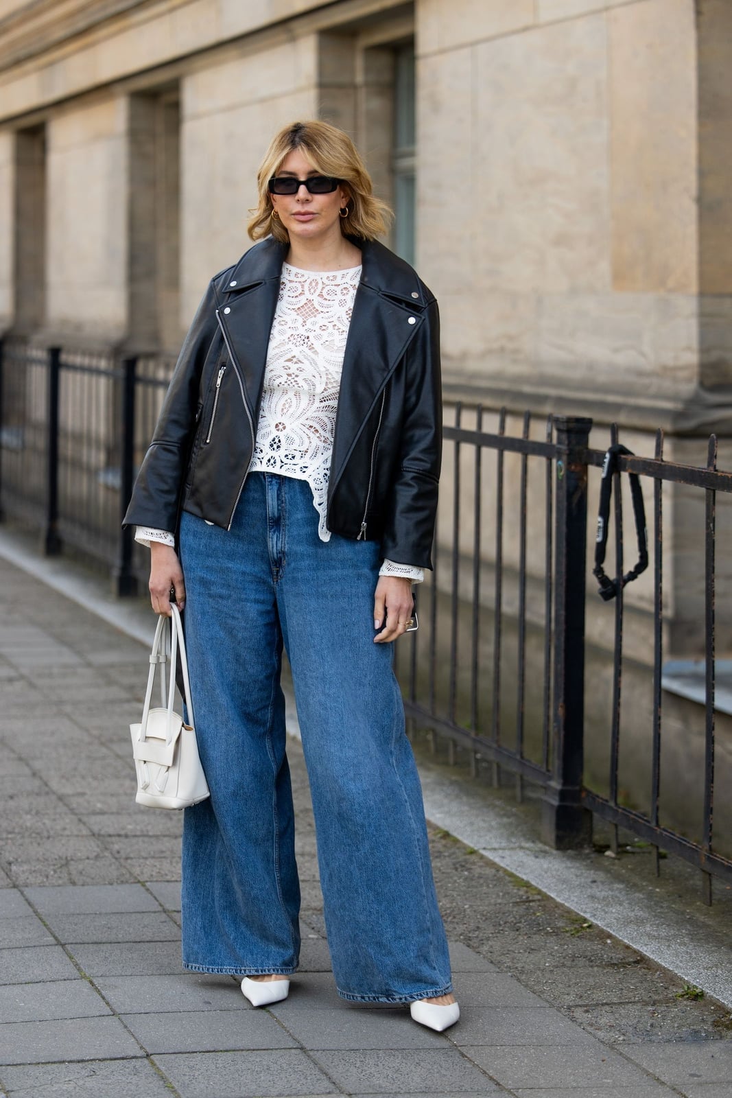 Medium Wash Wide Leg Jeans with Leather Jacket Medium Wash Wide Leg Jeans with Leather Jacket — Classy Wide Leg Jeans Outfits