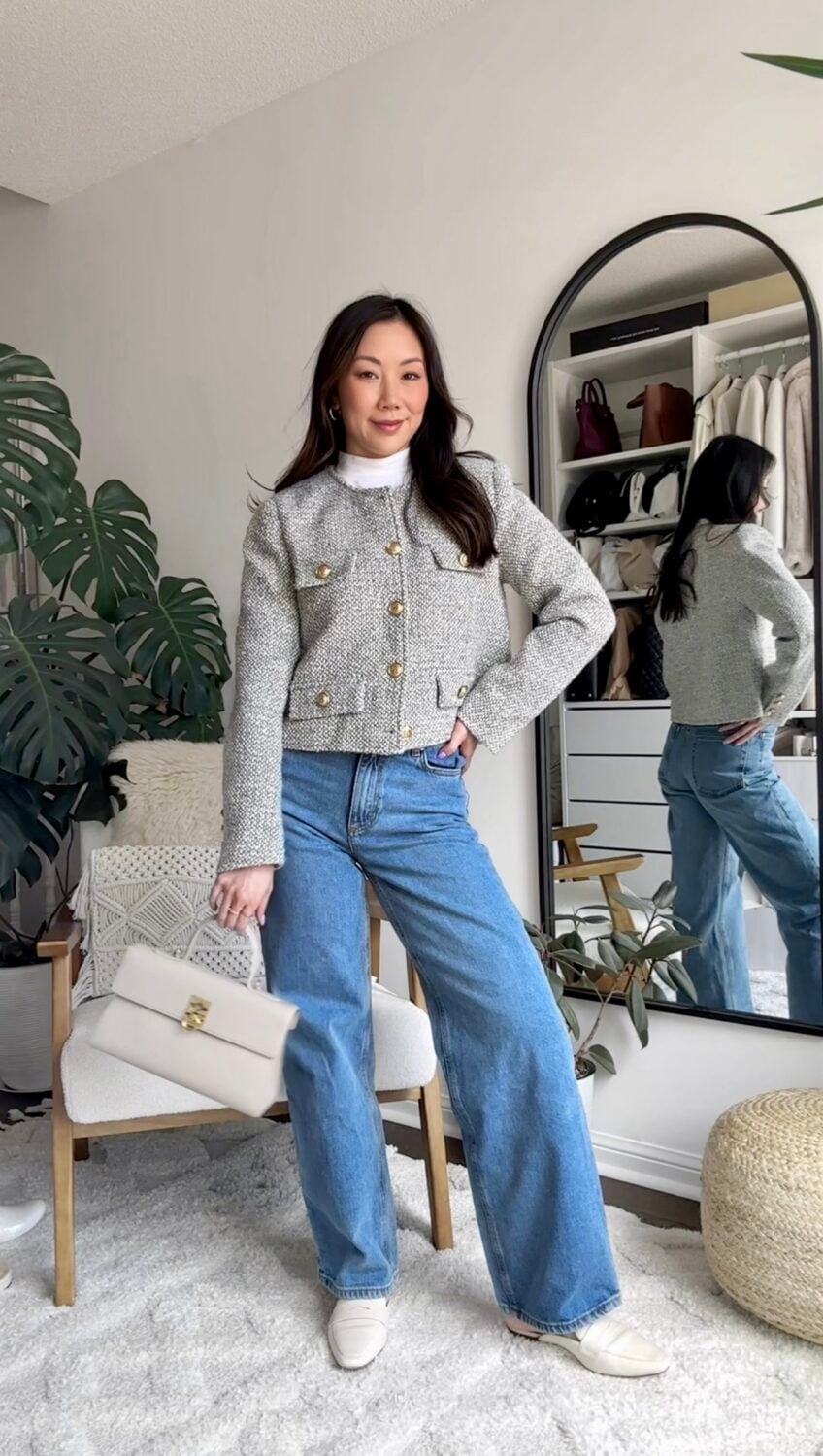 Light Wash Wide Leg Jeans with Grey Tweed Jacket Light Wash Wide Leg Jeans with Grey Tweed Jacket — Classy Wide Leg Jeans Outfits
