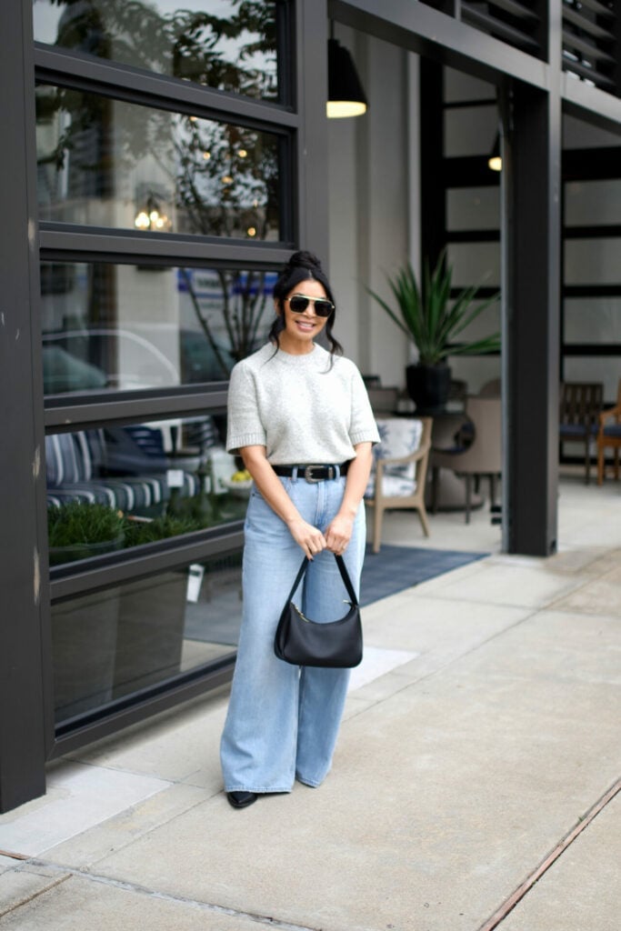 Light Wash Wide Leg Jeans with Grey Knit Top Light Wash Wide Leg Jeans with Grey Knit Top — Classy Wide Leg Jeans Outfits