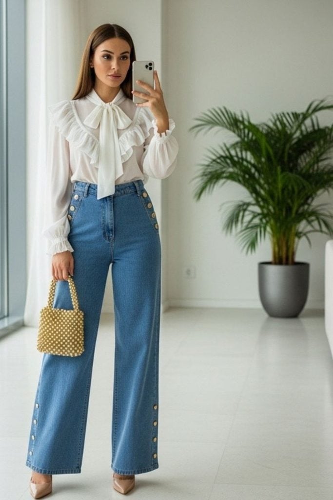 Medium Blue Wide Leg Jeans with a Sheer Blouse Medium Blue Wide Leg Jeans with a Sheer Blouse — Classy Wide Leg Jeans Outfits