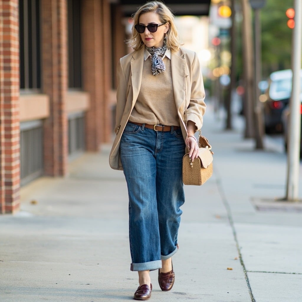Dark Wash Wide Leg Jeans with Tan Blazer Dark Wash Wide Leg Jeans with Tan Blazer — Classy Wide Leg Jeans Outfits
