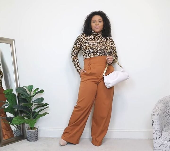Rust Wide Leg Trousers With Leopard Print Top — Classy Wide Leg Pants Outfits